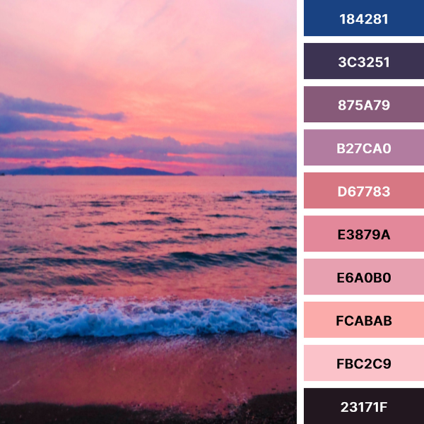 Sunset beach color palette collage in pink, black, and blue with #Hex codes