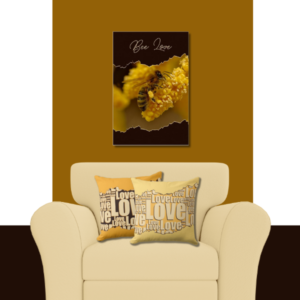 Bee Love, pollinating bee poster in black and yellow