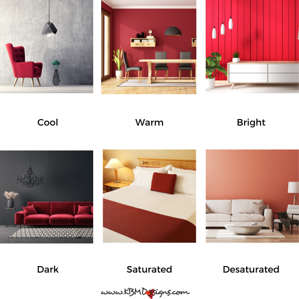 Red in interiors resulting in a cool, warm, bright, dark, saturated, desaturated use of the color