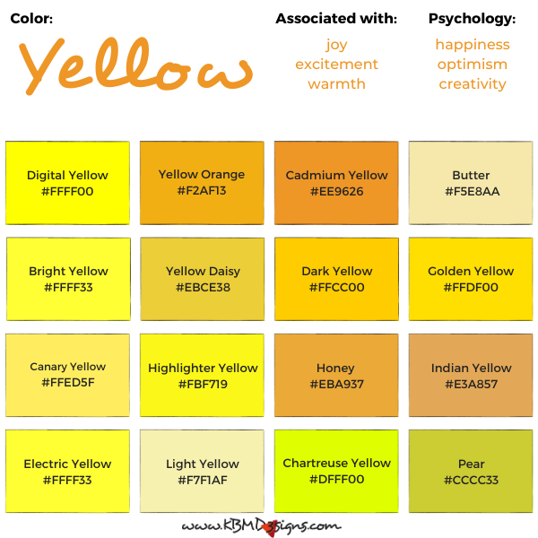 yellow color palette with 16 names and #Hex codes