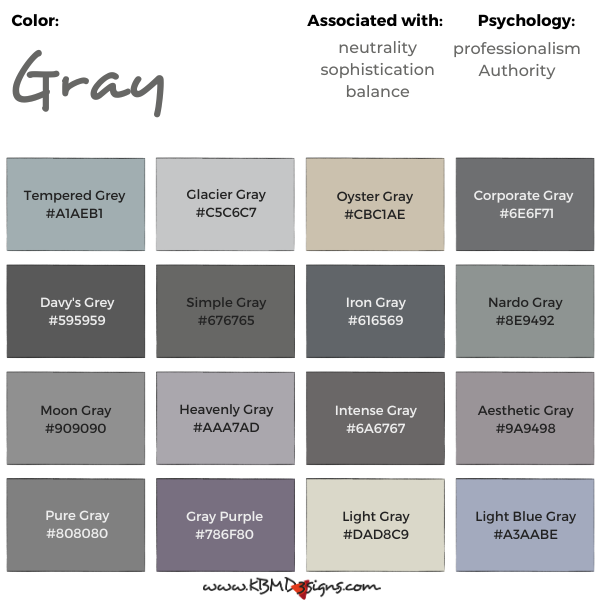 gray color palette of 16 colors with name and #Hex code