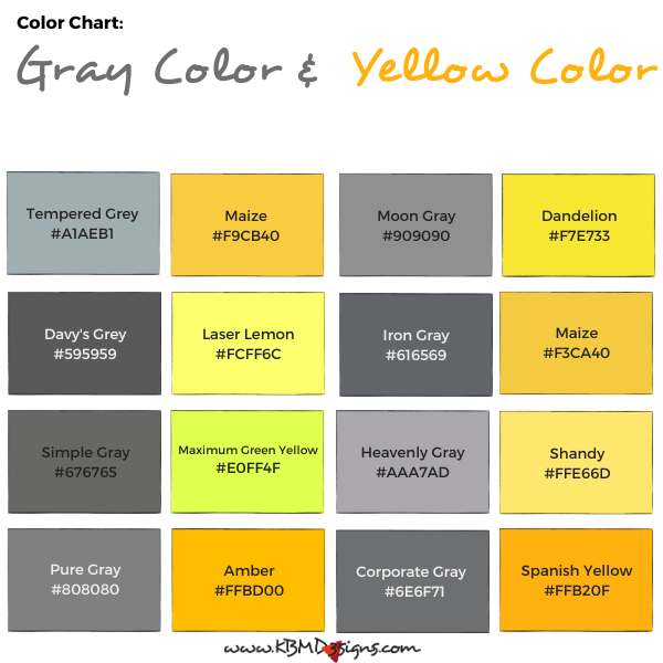 gray and yellow color chart of 8 grey and 8 yellow hues with names and #Hex codes
