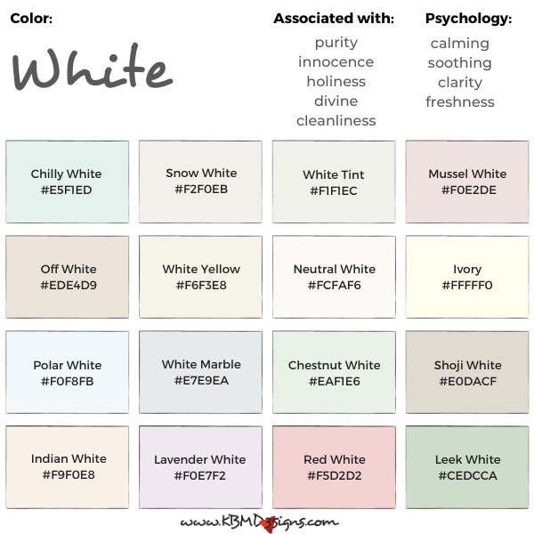 white color chart with color names and #Hex codes