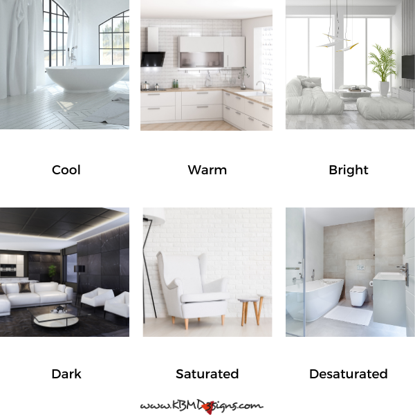 White interior design, cool, warm, bright, dark, saturated, off white