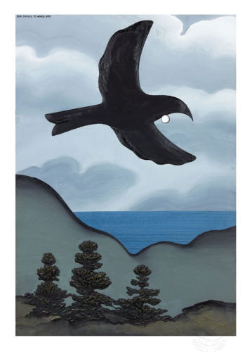 Don Binney print, Beyond Kuataika, depicts a kite like Tui flying in a stylized New Zealand landscape.