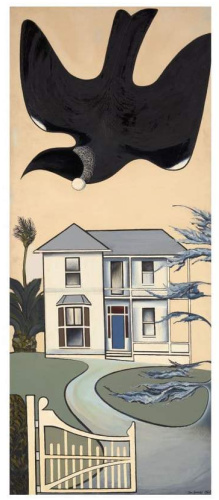 Colonial Garden Bird by Don Binney, shows a colonial wooden house and a New Zealand Tūī bird.