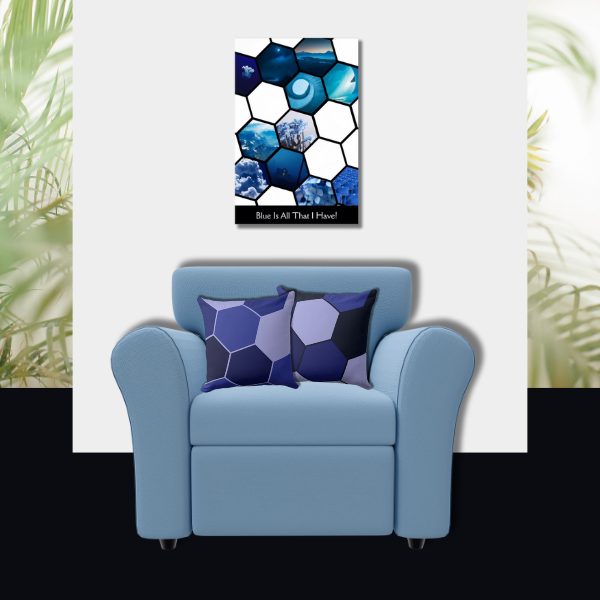 Blue Is All That I Have! 11 photo collage arranged as honeycomb meet blue throw pillows