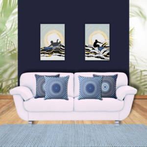 Surfing wall decor in black, white and blue meet blue throw pillows