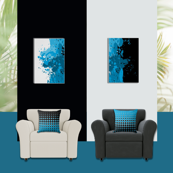 Black white and blue splatter art meet throw pillows