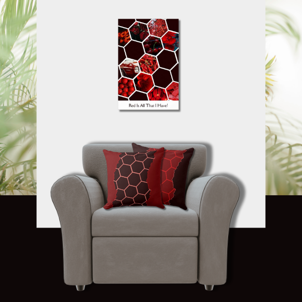 Red Is All That I Have! honeycomb patterned poster and throw pillows in black and red