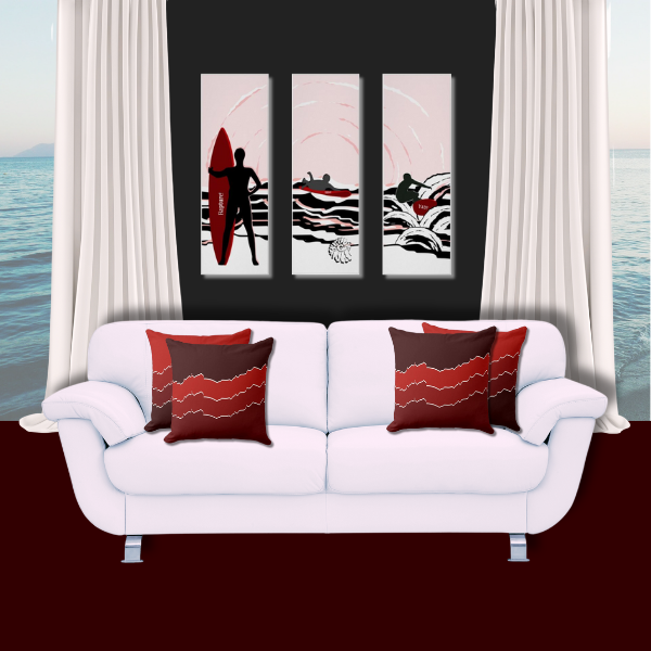 Surfer Wall Art, Triptych in Black, White, and Red With red throw pillows in a ripped stripes pattern