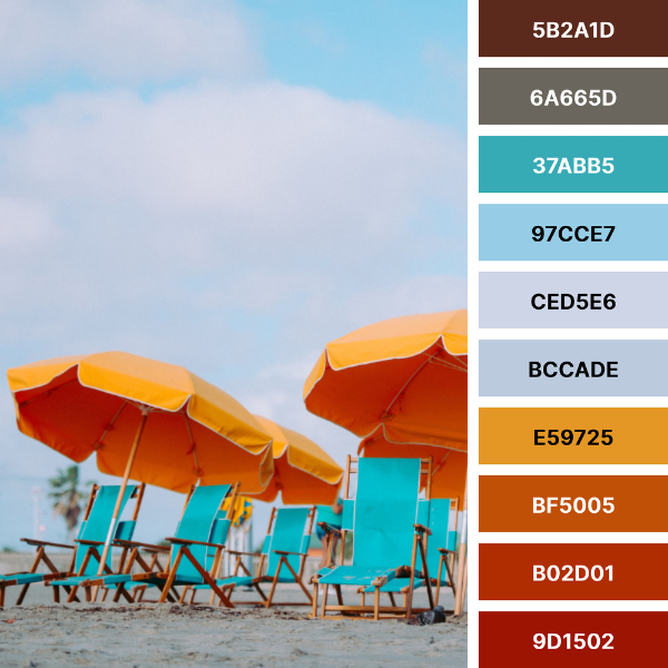 Beach Umbrella and Lounger Color Palette with Hex Codes in Blue and Orange