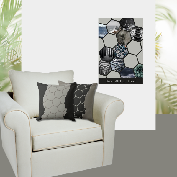 Gray is all that I have! Eleven photos collage meets gray hexagon patterned throw pillows