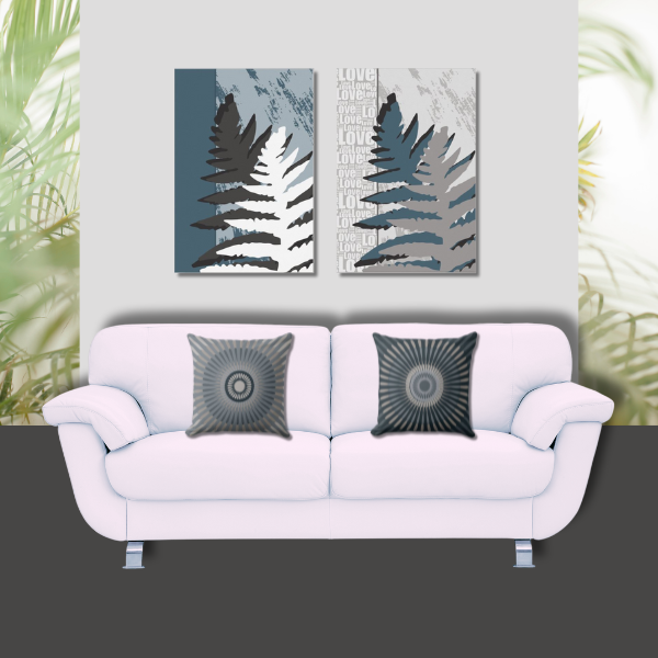 Botanical fern gray wall art and set of two pillows with star flower