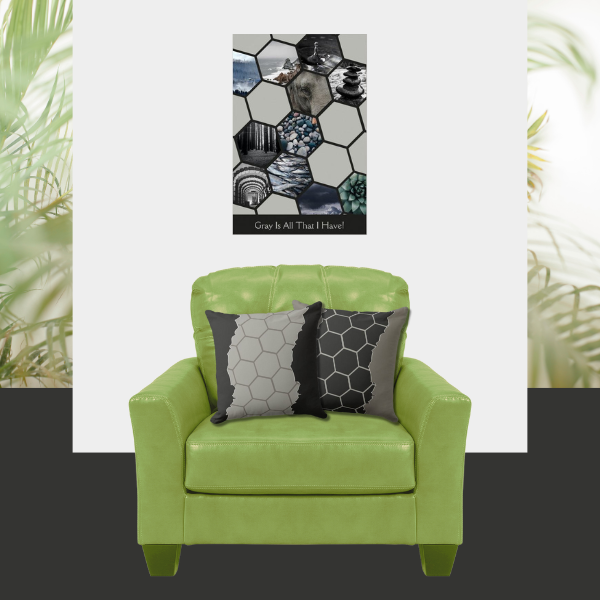 Gray is all that I have! Eleven photos collage meets gray hexagon patterned throw pillows on a green armchair