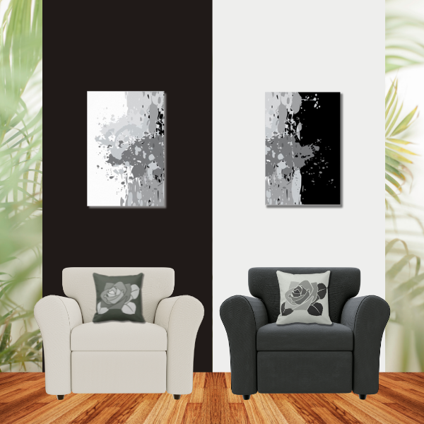 Black white and gray wall art and home decor with rose patterned pillows