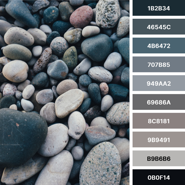 Multi-shaded gray pebbles color palette collage with #Hex codes