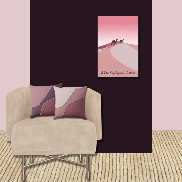 Pink wall art: A First Step Begins a Journey by KBM D3signs, minimalist, light pink, dark mauve and sand color