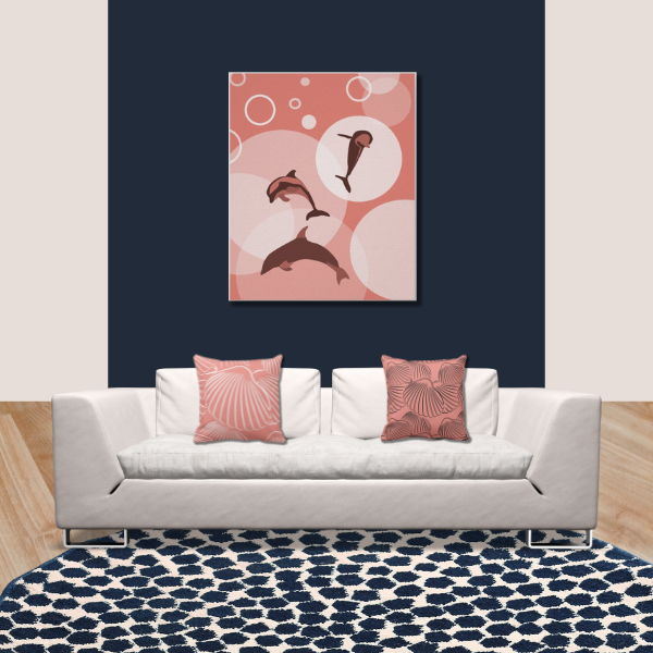 Navy blue wall and pink wall art, featuring Jumping Dolphins by KBM D3signs, canvas print with shell patterned throw pillows
