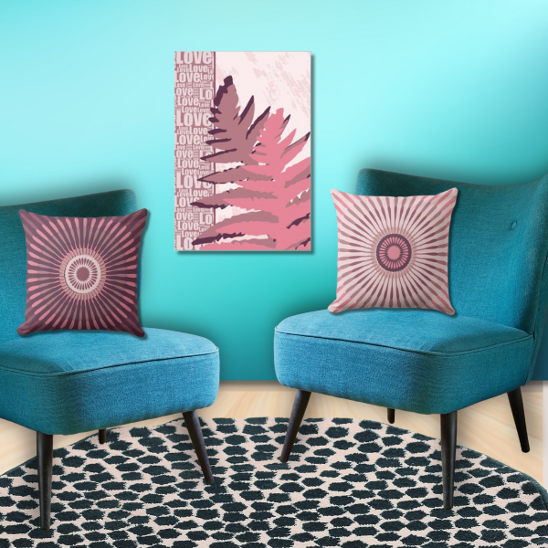 Love Fern, by KBM D3signs, pink wall art and pillows make a bold statement in a teal colored living room