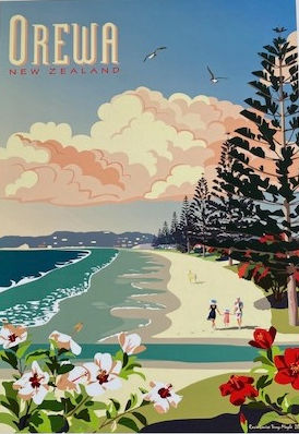 Beach Seascape Retro Poster of "Orewa" by Rosie Louise and Terry Moyle, Contemporary New Zealand Artists