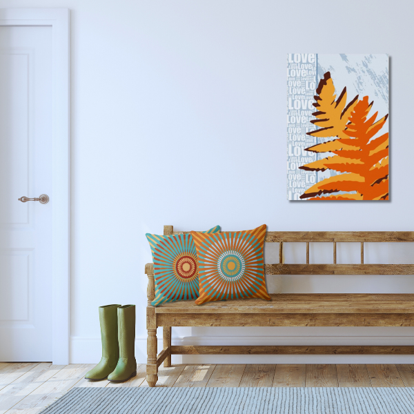 Love Fern Digital Collage in Orange and Blue With Star Flower Patterned Pillows