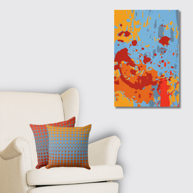 Abstract Splatter Art in Blues and Orange Meets a Set Of Two Pillows With Halftone Pattern