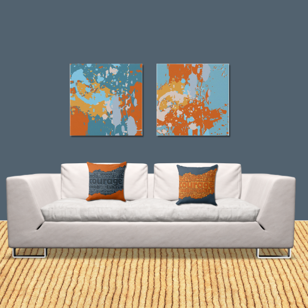 Splatter Art in blue and Orange Meets a Set Of Two Pillows With Courage Pattern