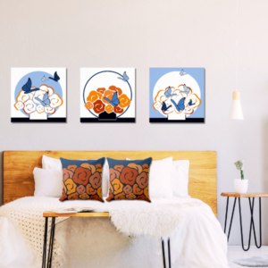 Blue and Orange Floral Wall Art With Butterflies as a Set Of Three