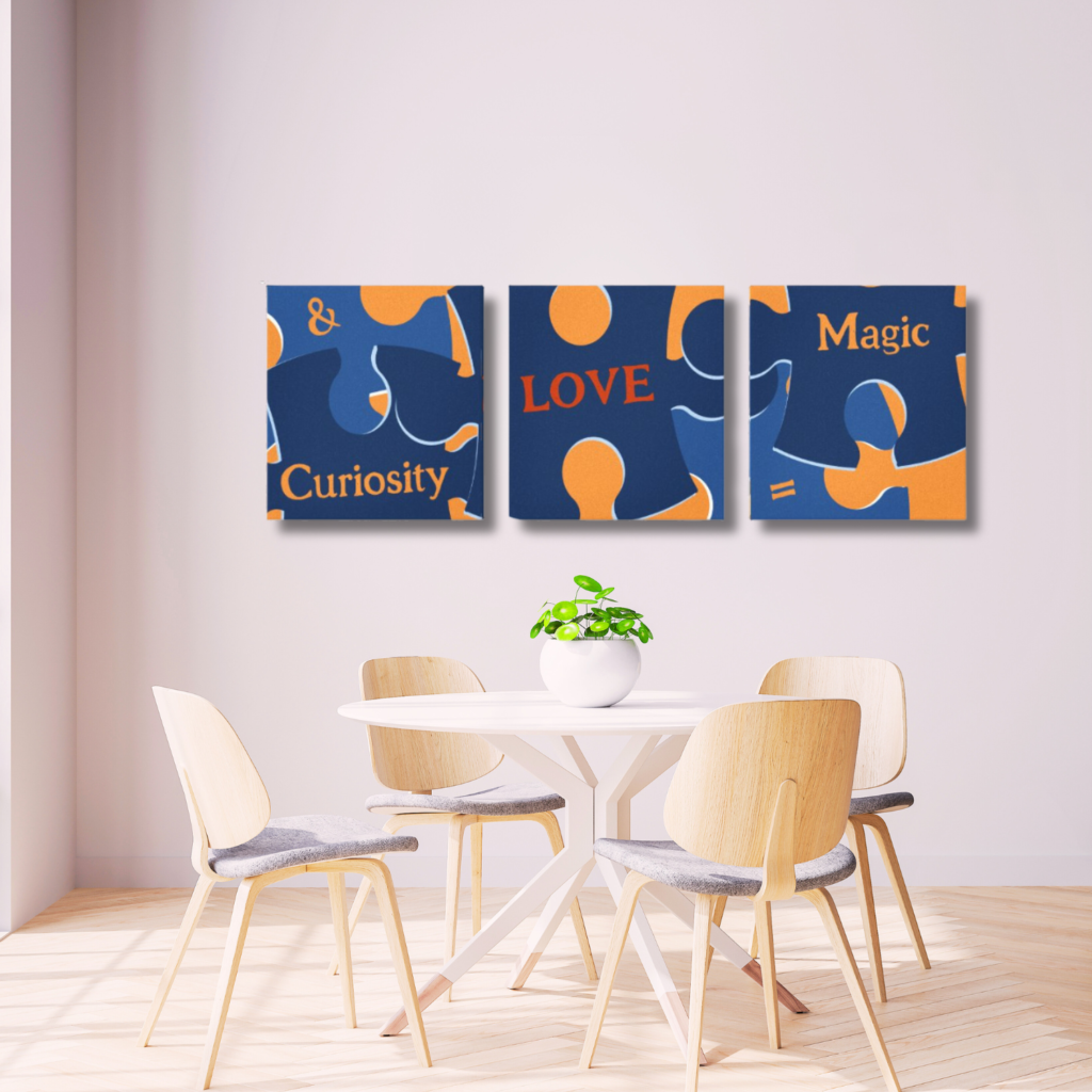 Set of Three Blue and Orange Wall Art, Curiosity and Love is Magic