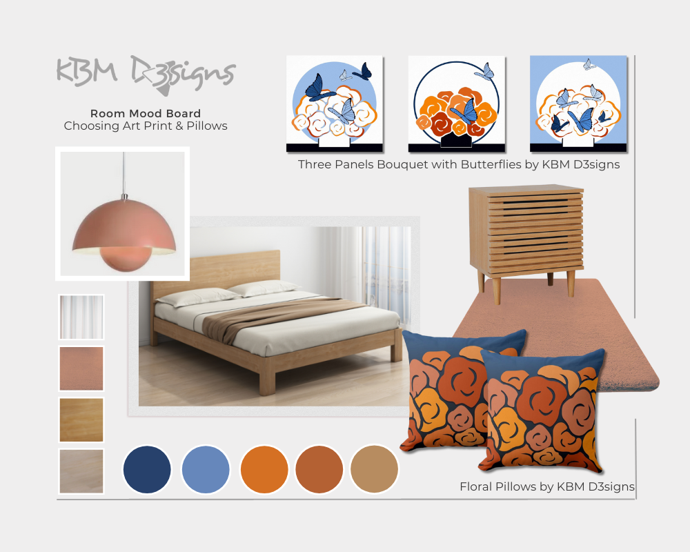 Bedroom Mood Board for an Wall Art with floral art and floral pillows in blue and orange