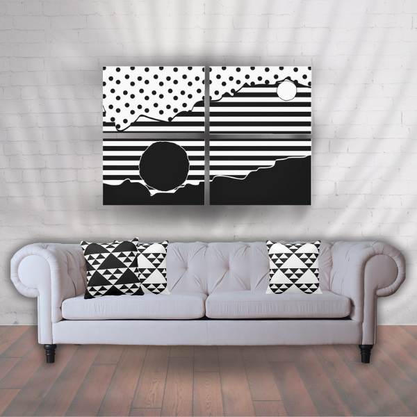 Quad Abstract Wall Art, Landscape in Black and White & Triangle Patterned Pillows