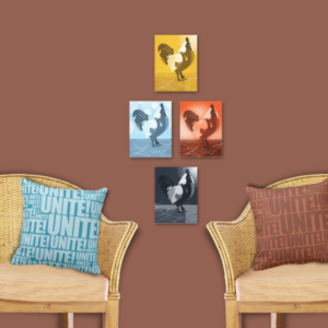 Modern Country Theme 4 Colored Rooster Set in Yellow, Light-Blue, Orange and Blue