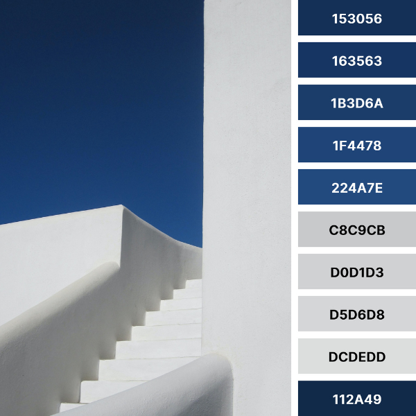 Architectural Staircase Detail, Blue and White Color Palette Collage with #Hex Codes