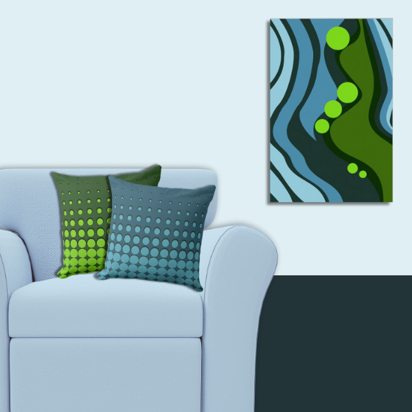 Abstract Wall art in blue and green with pillows in halftone pattern