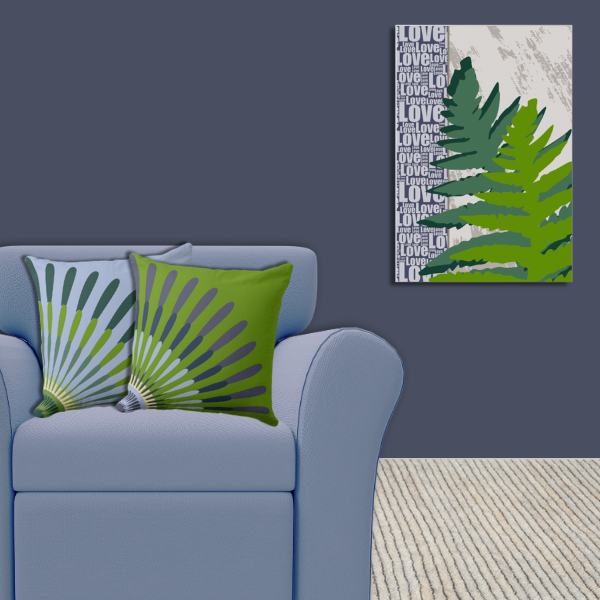 Abstract Fern Poster and Blue and Green and Pillows with Star Flower Pattern