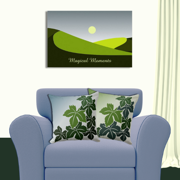 Abstract Landscape in Blue and Green and a set of two pillows with vine leaves