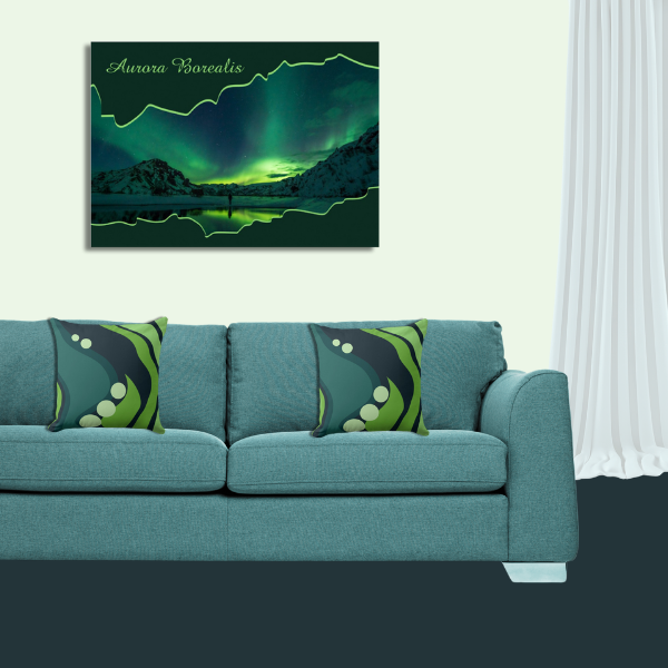 Northern Lights, Aurora Borealis in blue and green and an abstract patterned pillows