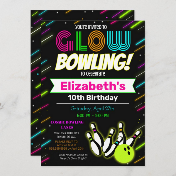 Glow Bowling Birthday Invite