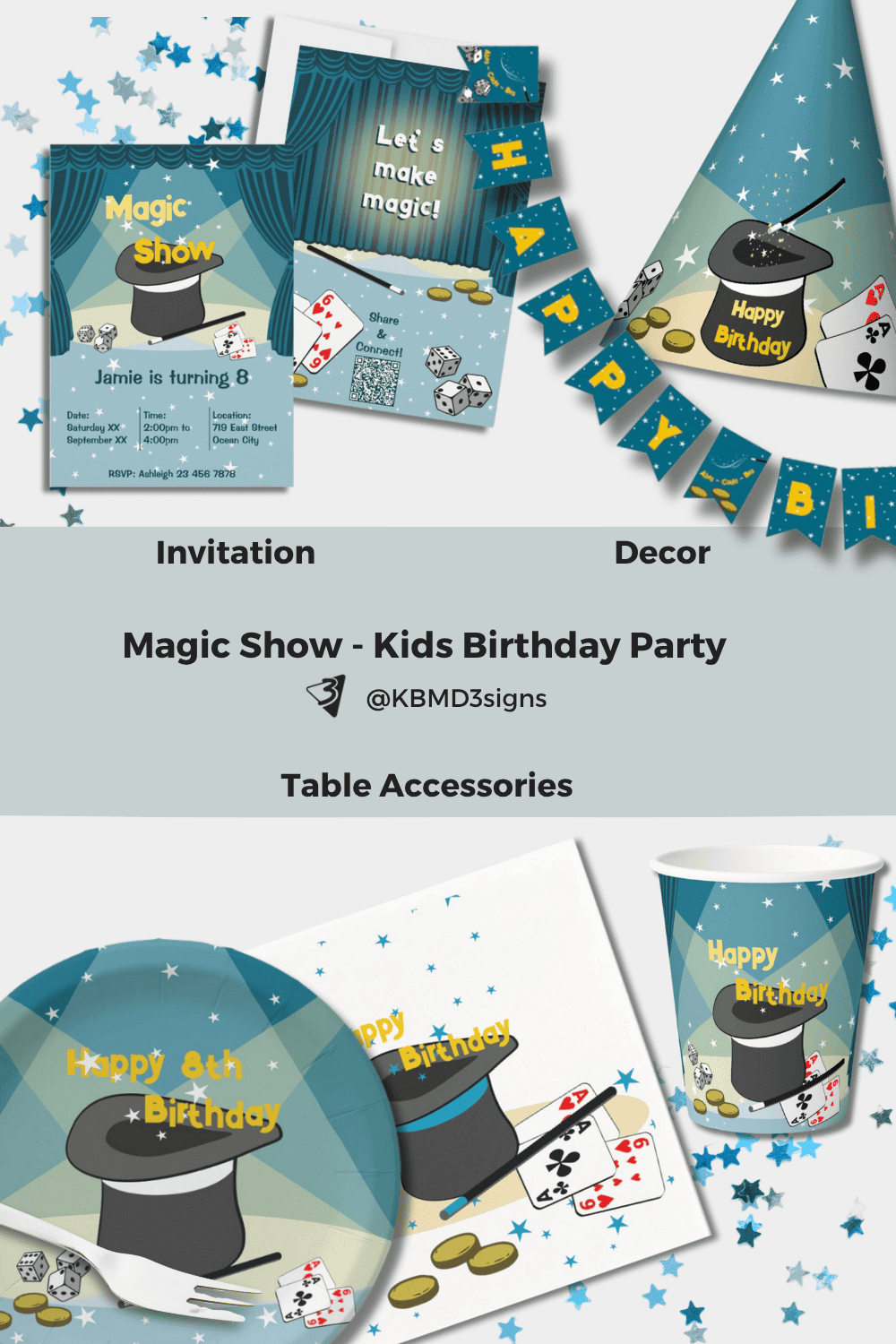 Magic Show Kids Birthday Party Invitation, Children Magic Birthday Theme