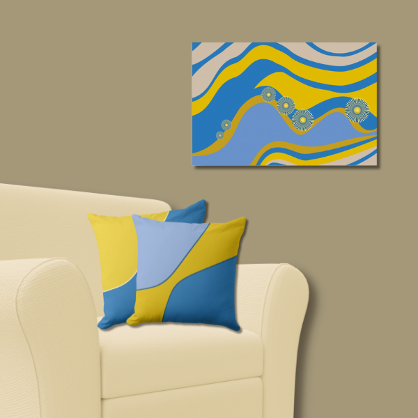 Abstract Wall Decor in Yellow and Blue with Throw Pillows Showing an Irregular Pattern