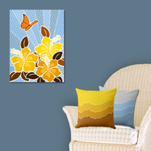 Yellow and Blue Color Combination in a Floral Stylized Hibiscus Art Print with Irregular Stripes Patterned Pillows