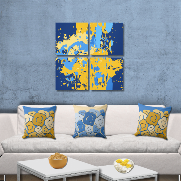 Splattered Art as a Quartet With Yellow and Blue Pillows With Floral Pattern