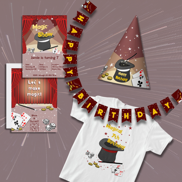 Red Magic Themed Birthday Party Invitation and decor, including bunting banner, hat, invitation, honor t-shirt