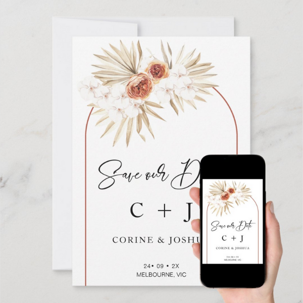 Autumn Wedding Burnt Orange Arch Dry Floral Save The Date Card
