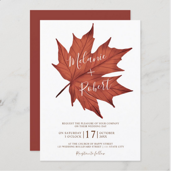 Rustic Red Brown Maple Leaf Simple Wedding Invitation