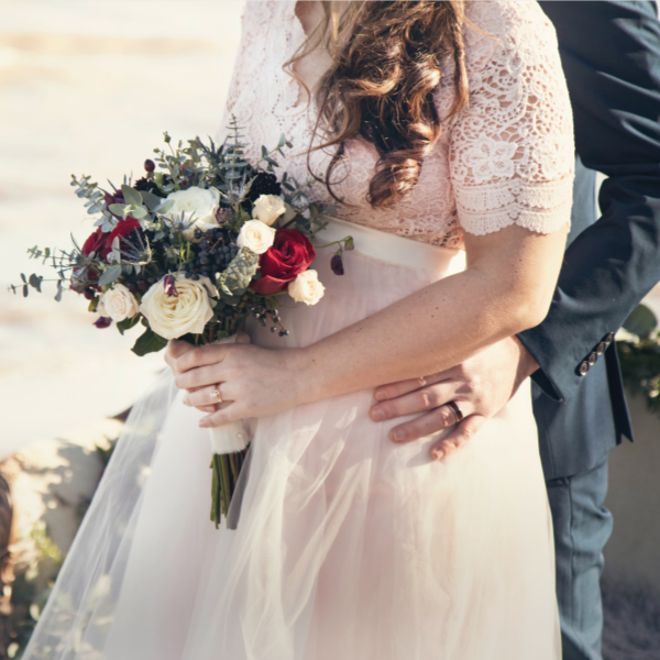 Blue and Red Beach Wedding, Bride and Groom