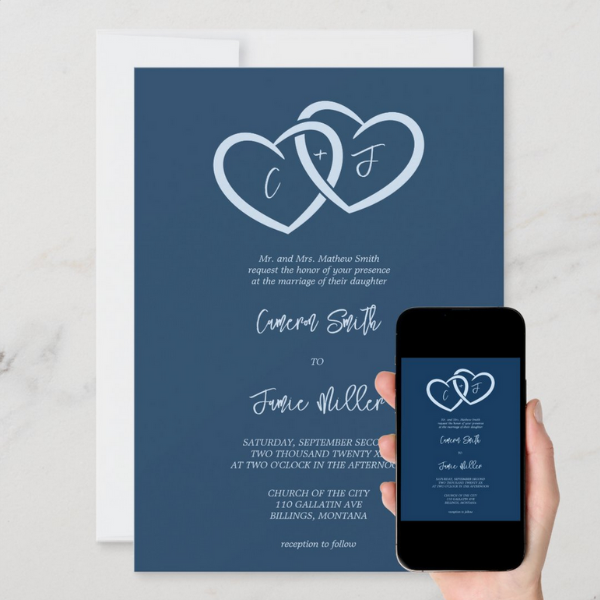 Blue Downloadable Wedding Invitation With Entwined Hearts a Symbol of Unity