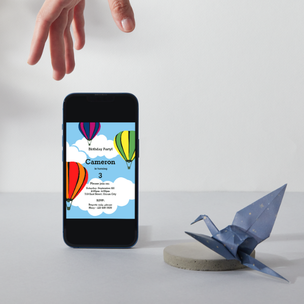 Hot Air Balloon, Digital Birthday Invitation for Kids displayed as a digital version on a smartphone