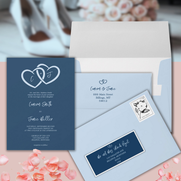 Indigo Blue Wedding Invitation With Entwined Hearts a Symbol of Unity